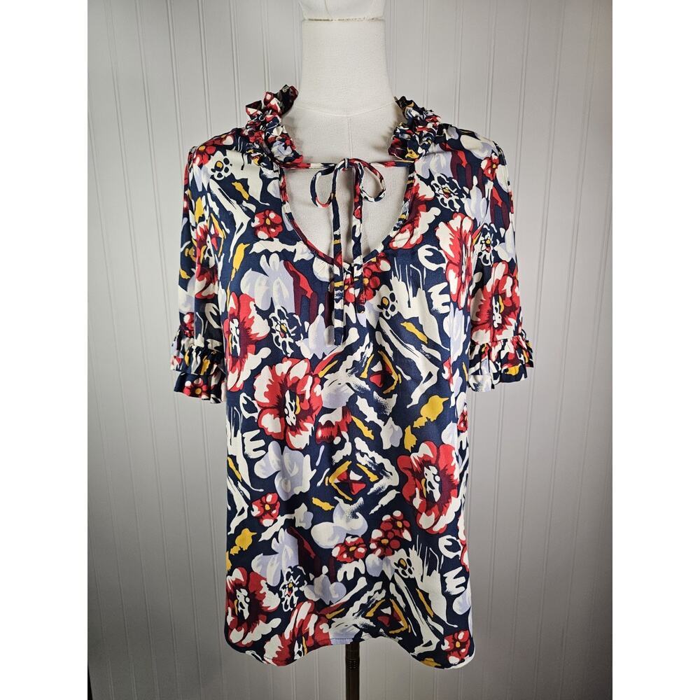 Odille Anthropologie Floral Ruffle Tie Neck Blouse Women's Size‎ 6 Boho Rayon